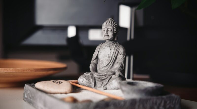 a buddha statue sitting on top of a table